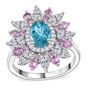 Blue Apatite with Pink Sapphires and Moissanite crafted in Sterling Silver